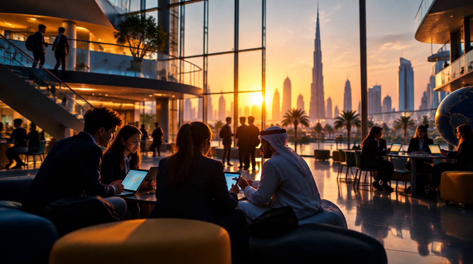 Students collaborating on laptops in a sunlit school atrium overlooking the Dubai skyline